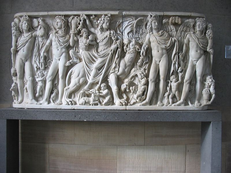 MHK, Dionysos und die vier Jahreszeiten, Vorderseite eines römischen Marmorsarkophages, Rom, 240-250 n. Chr. Antikensammlung Schloss Wilhelmshöhe